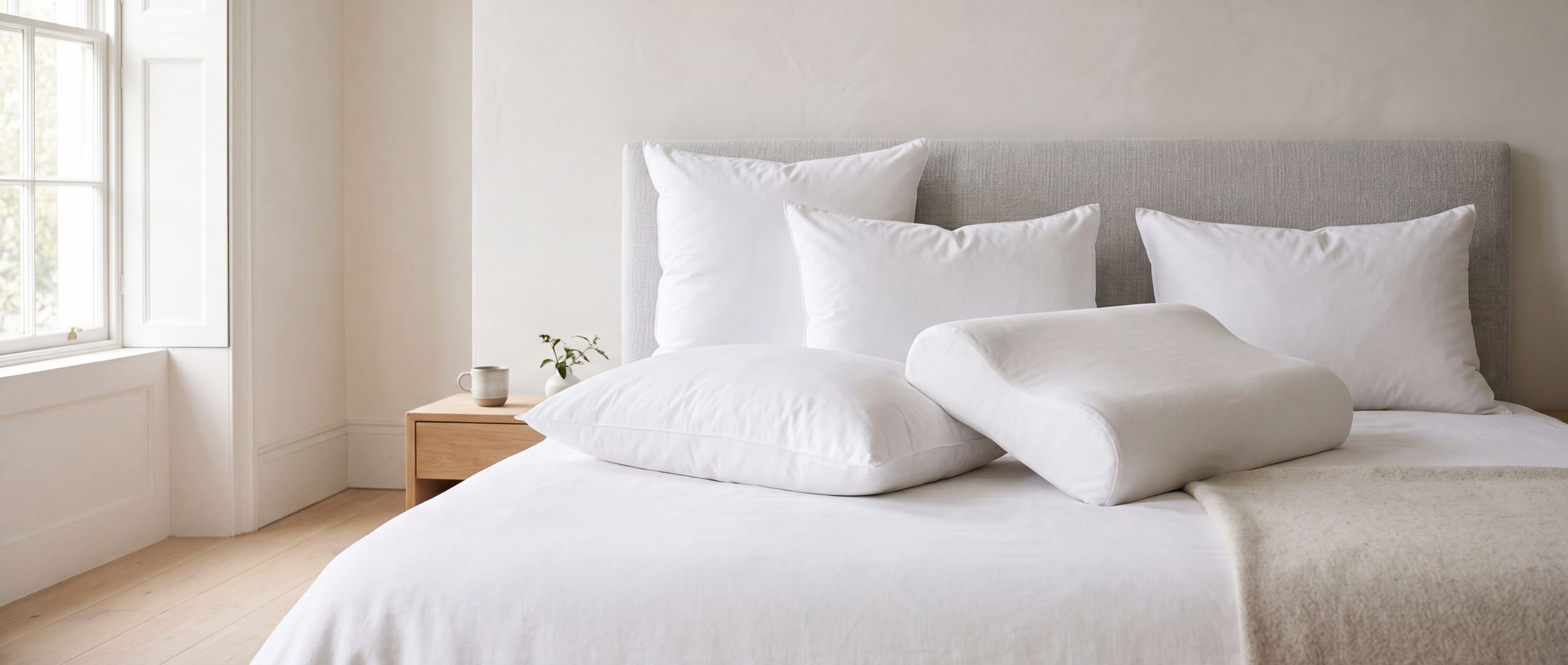 Almohadas Nessen sobre una cama vestida de blanco